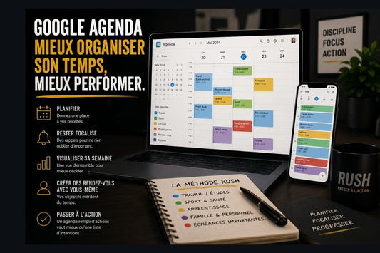Suivant — **"Google Agenda"** :  Alt text : `Google Agenda pour planifier son temps et progresser – RUSH`