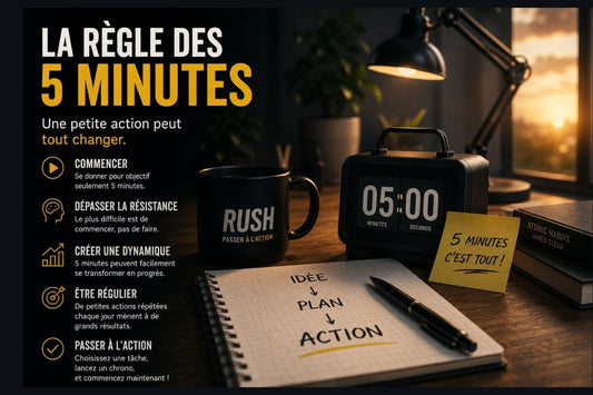 Suivant — **"L'astuce des 5 minutes"** :  Alt text : `Astuce des 5 minutes pour passer à l'action – RUSH`